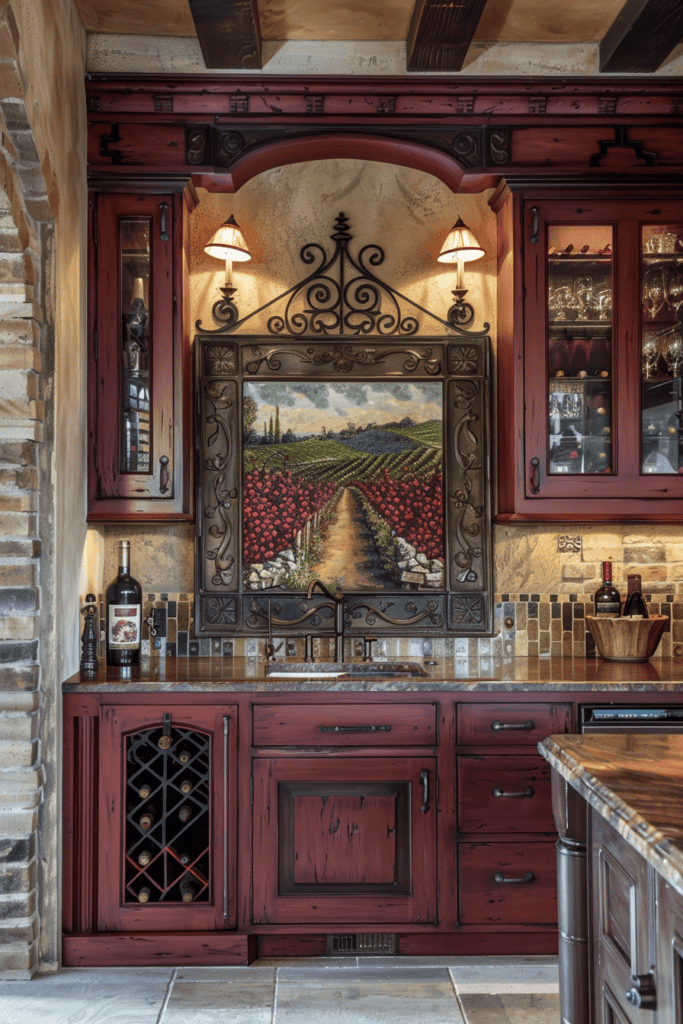 Cherrywood cabinets and Tuscan landscape works of art in an Italian cuisine 