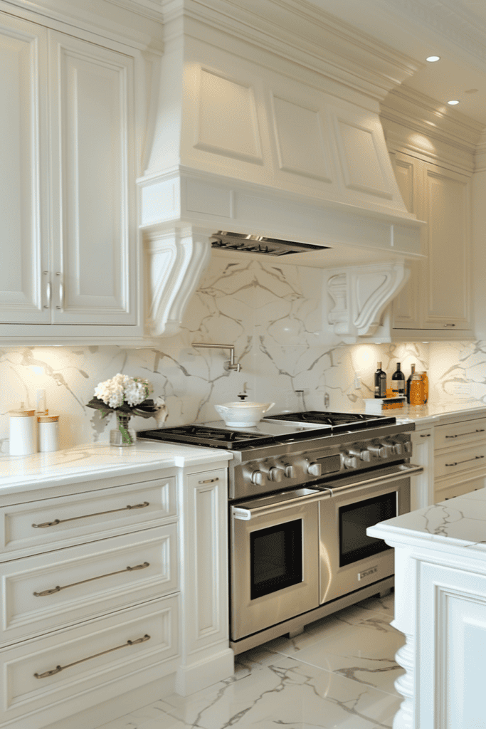 White kitchen with a marble backplash