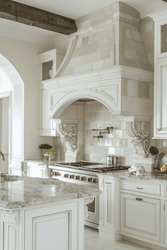 Beautiful kitchen with a white hood over reach