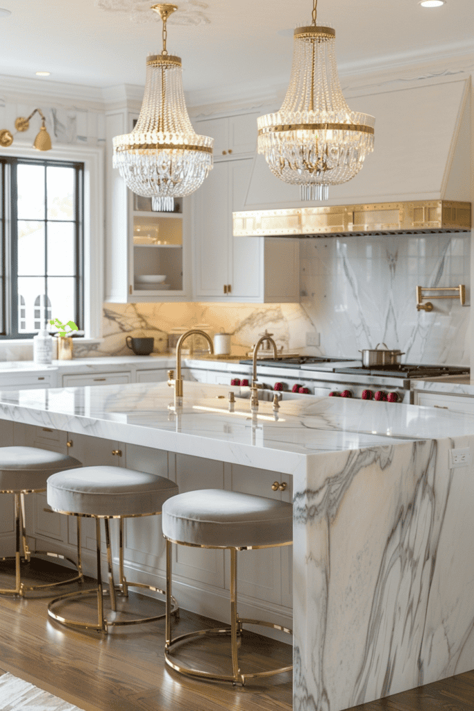 White kitchen with a waterfall island and golden accents