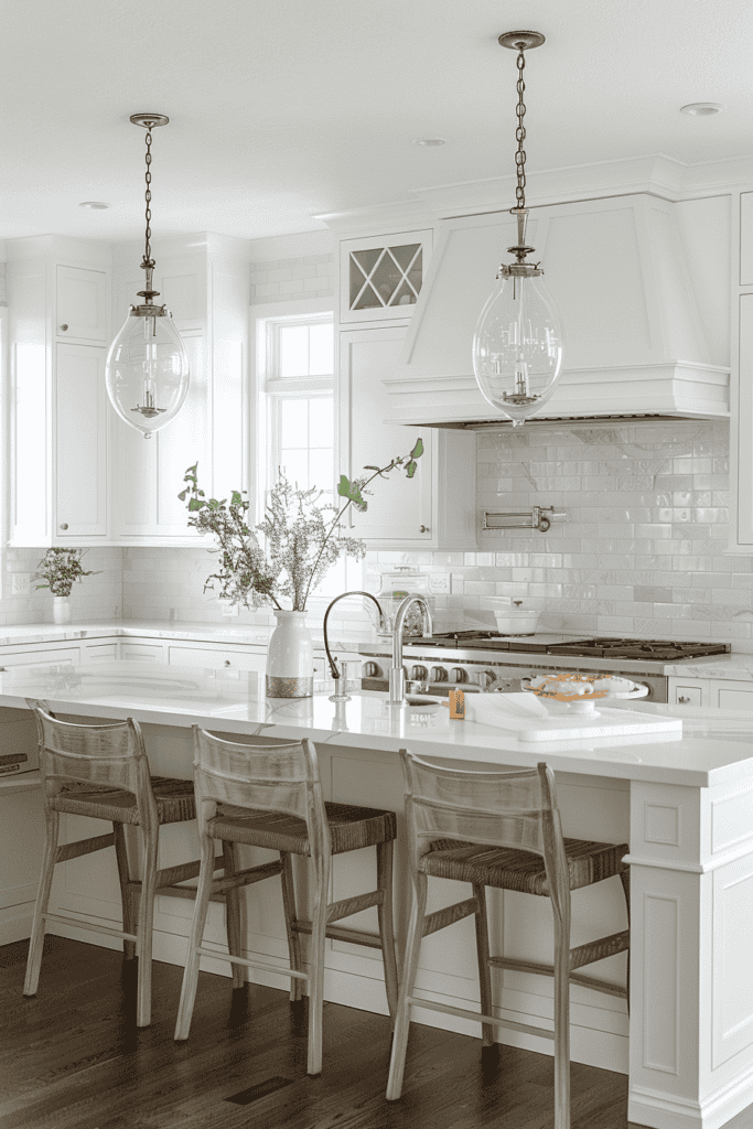 White kitchen with seating in the island