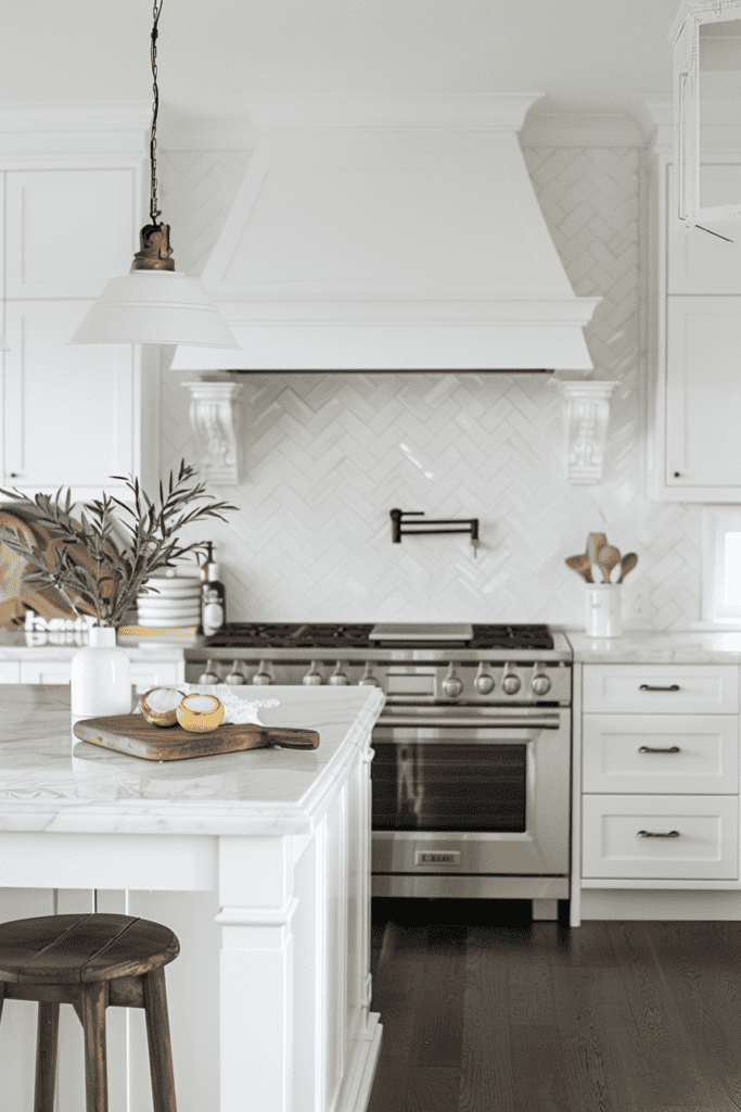 Light white kitchen with stainless steel stove