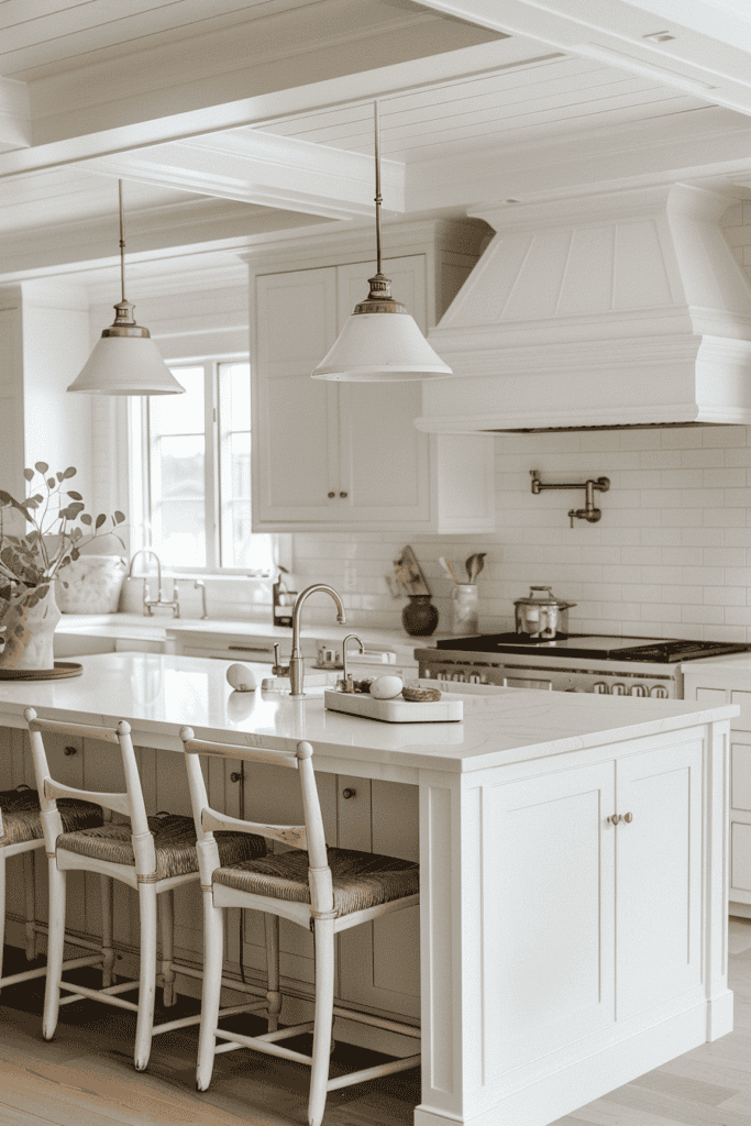 White kitchen with a white island