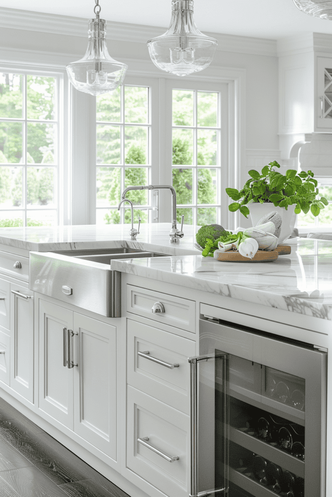 White kitchen with a sink made of stainless steel