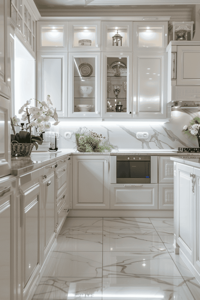 Elegant white kitchen with marble floors and points